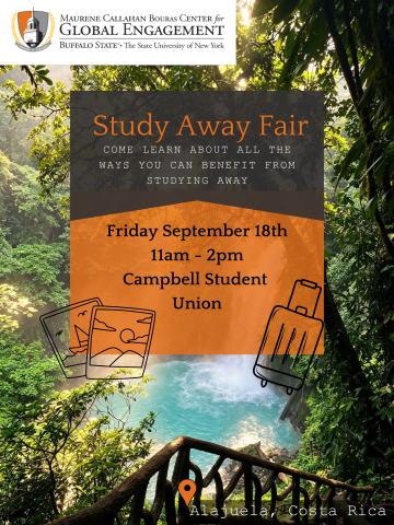 Fall 2026 Study Away Fair Poster showing date and time with background of costa rica falls